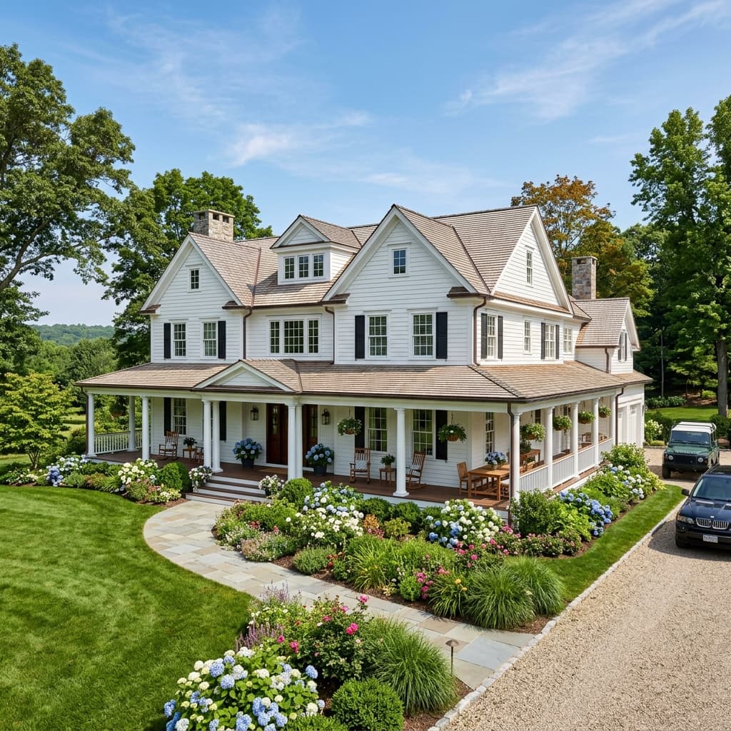 Stunning New England exterior with wrap-around porch and fresh paint