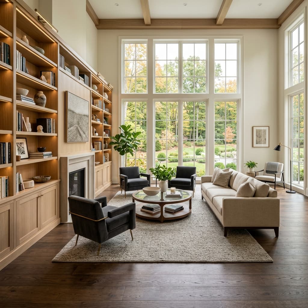 Premium Connecticut home living room interior with custom built-ins and hardwood floors
