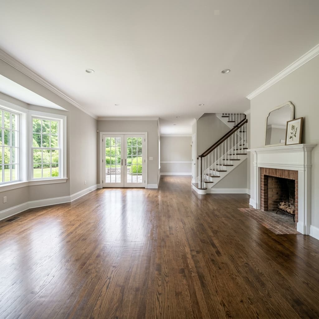 Bright, neutrally painted living space prepared for real estate showing